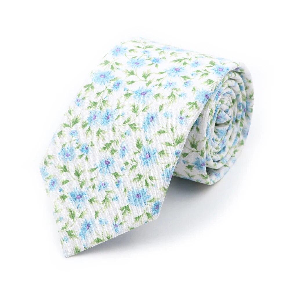 Floral Tie, For Men Women, 100% Cotton, Elegant Flower Necktie, White, Blue, Narrow Skinny, Wedding, Party