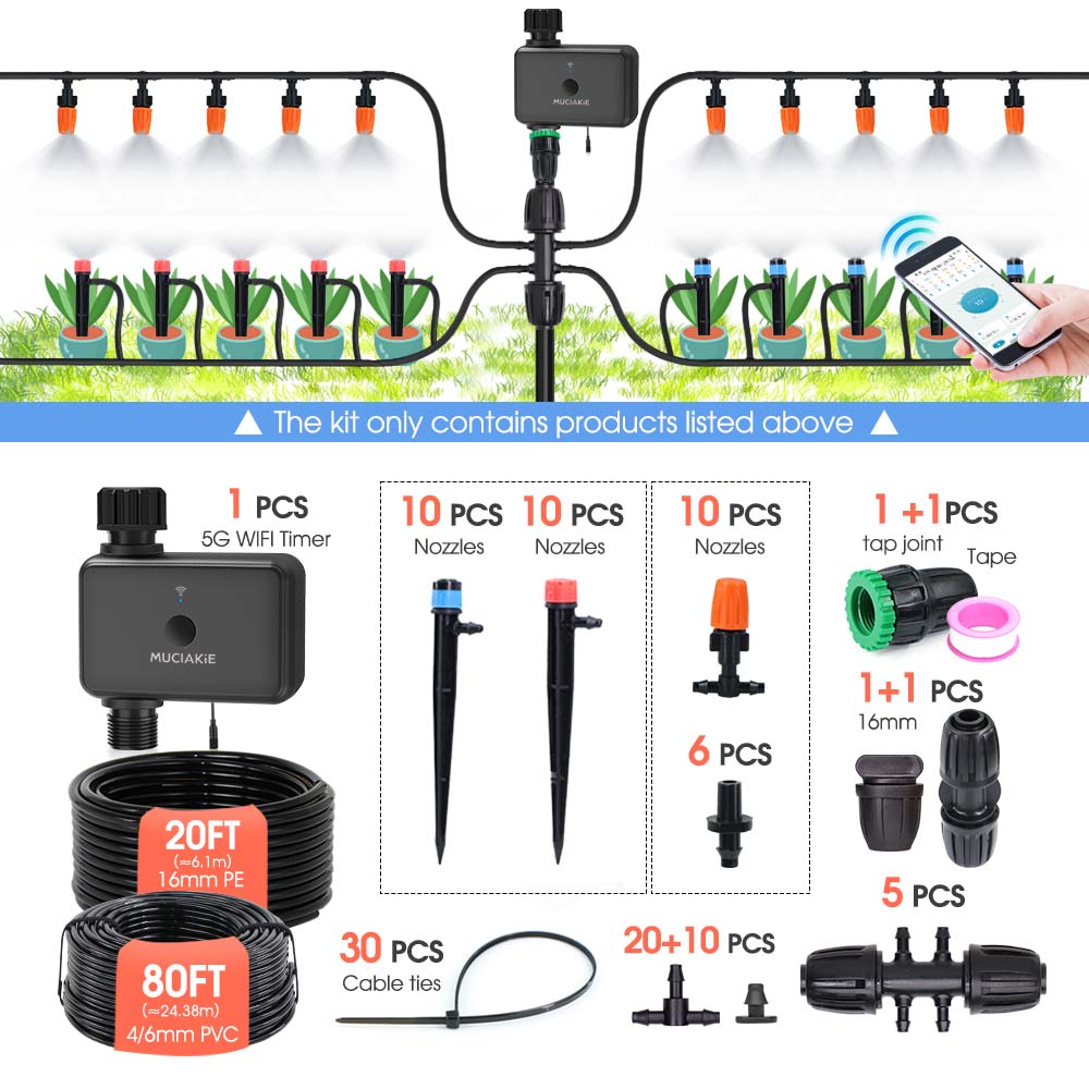 20FT 1/2" Hose 5G Dual Frequency Garden Irrigation Timer Kit 1/4" Adjustable Sprinkler Remote Control Automatic Watering System