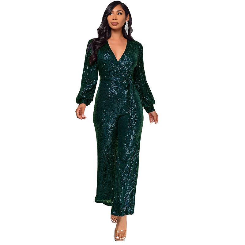 Sparkly Jumpsuits For Women Dressy Formal Plus Size Long Sleeve Sequin Party Rompers Sexy V Neck Wide Leg Pants Suit