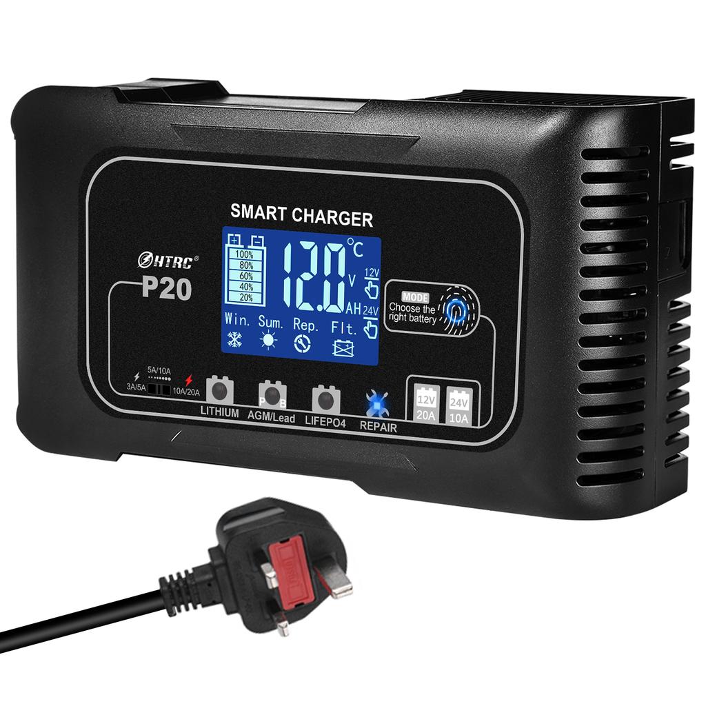 HTRC 20A 12V-24V Умное зарядное устройство для аккумуляторов мотоциклов, автомобилей, ремонт автомобильных и мотоциклетных свинцово-кислотных, AGM, GEL, PB, литиевых LiFePo4 аккумуляторов
