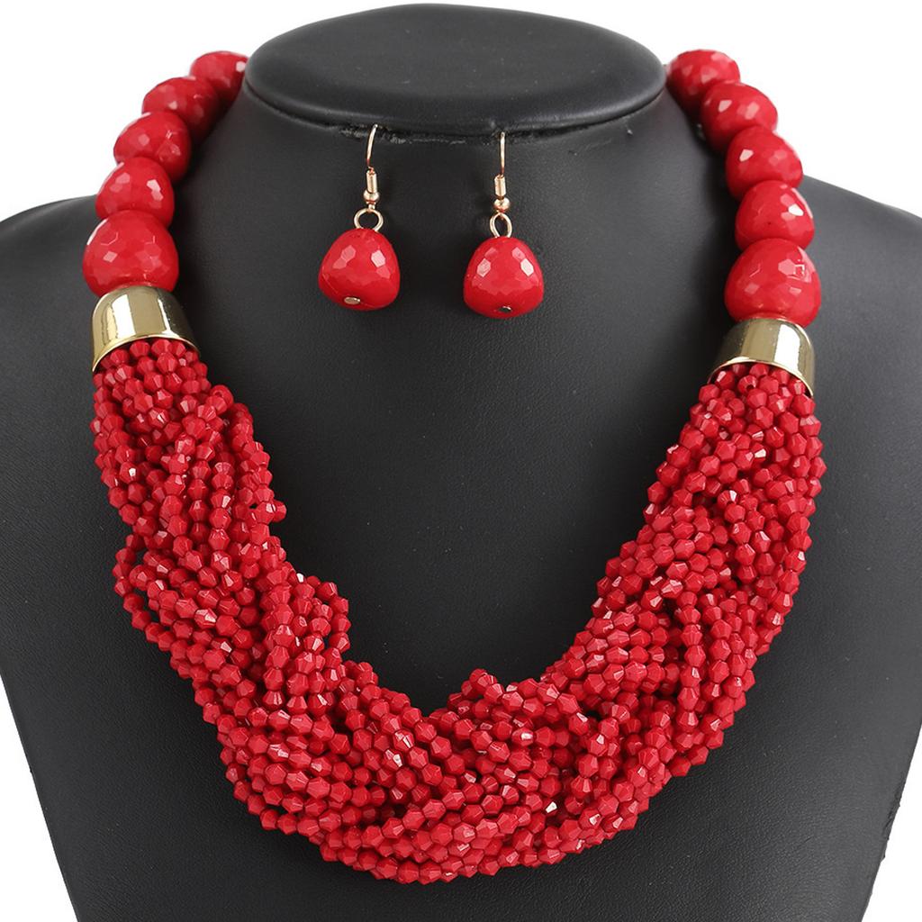 Bohemian Layer Beaded Necklace and Earrings Set Plastic Jewelry for Women Music Festival Beach Party Accessories