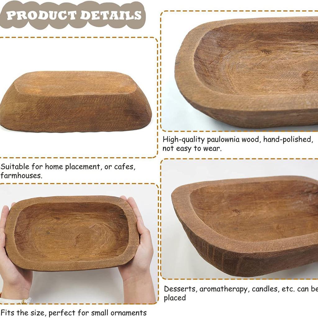 1Pc Solid Wooden Dough Bowl Candle Tray Rustic Decorative Carving Bread Bowl for Home Tabletop Decor Rectangular Kitchen Counter
