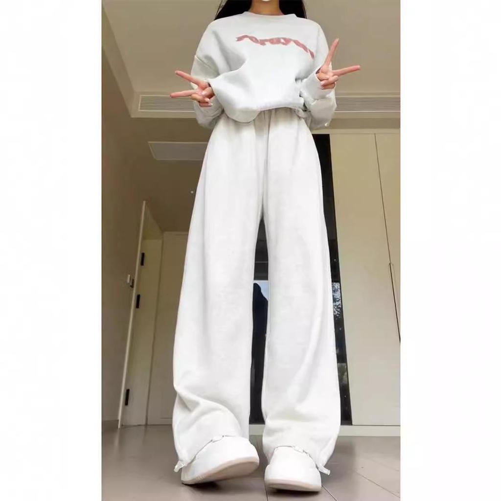 White-Grey Women's Wide-Leg Sweatpants - Summer 2024 Slimming Loose-Fit Cuffed Joggers