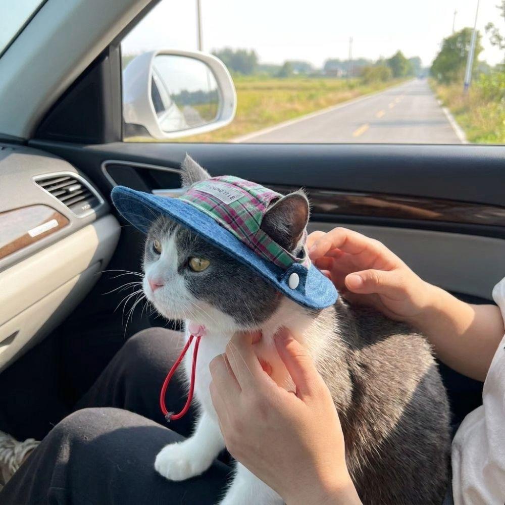 Checkered Pet Sun Protection Denim Hat Breathable Cat Sunscreen Hat Bucket Hat Sun Protection