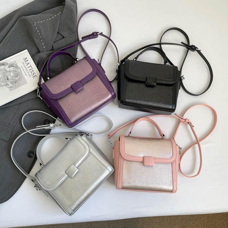 Fashion Metallic Silver Mini Satchel Bag Elegant Womens Shoulder Bags Versatile PU Leather Ladies Crossbody Purse Square Handbag
