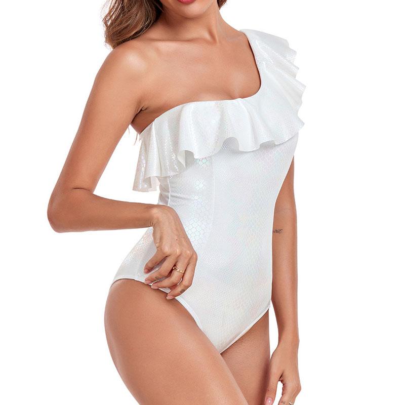 Женский цельный купальник, сексуальный белый купальник, пляжная одежда с рюшами на одно плечо, купальный костюм