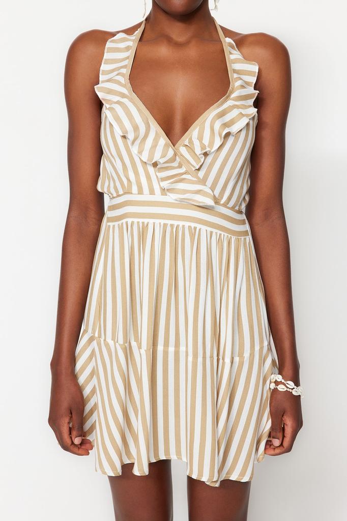 Women Fashion Beach Strap Sleeve Mini Black Mini Woven Cut Out Window Linen Blended Beach Dress