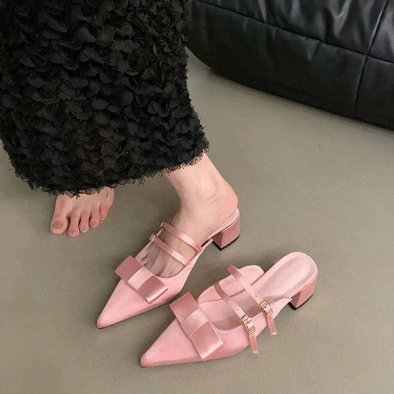 Розовые тапочки с острым носком и бантом, женские милые элегантные туфли на среднем каблуке с открытой пяткой, женские весенние новые туфли-лодочки для вечеринок и банкетов