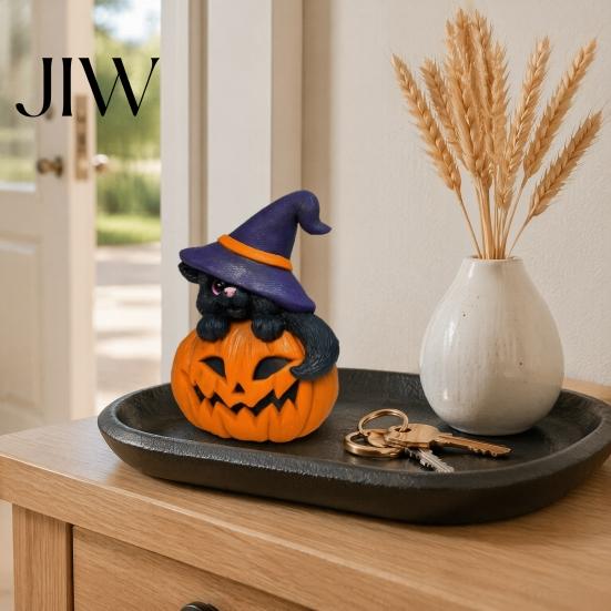 Small Witch Decor for Windows Halloween Ornament, Black Cat Pumpkin Shape, Durable Synthetic Resin Unique Holiday Gift Kids Weather Resistant