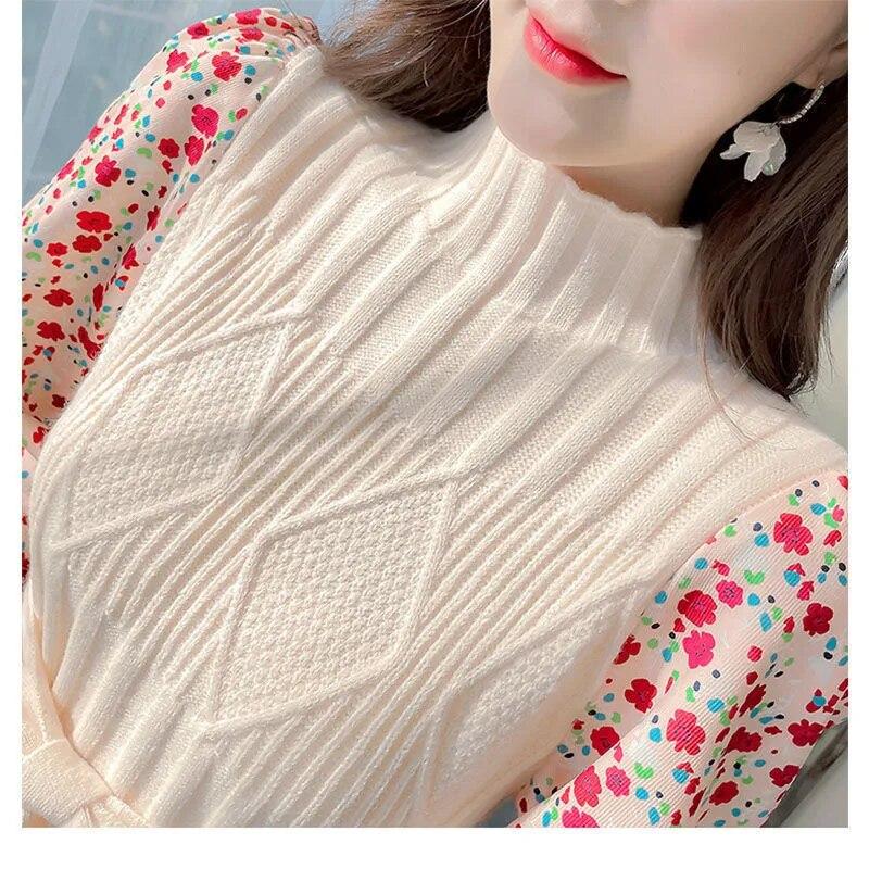 Women's Knitted Dress Autumn Winter Long Sleeve Corduroy Floral Dress Female Elegant Sweater A-line Long Veatidos Belt
