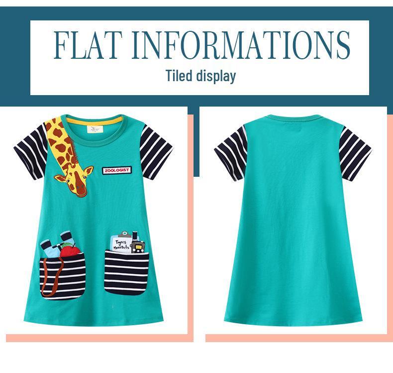 Летнее платье для девочек с коротким рукавом А-силуэта с вышивкой жирафа на длинной шее