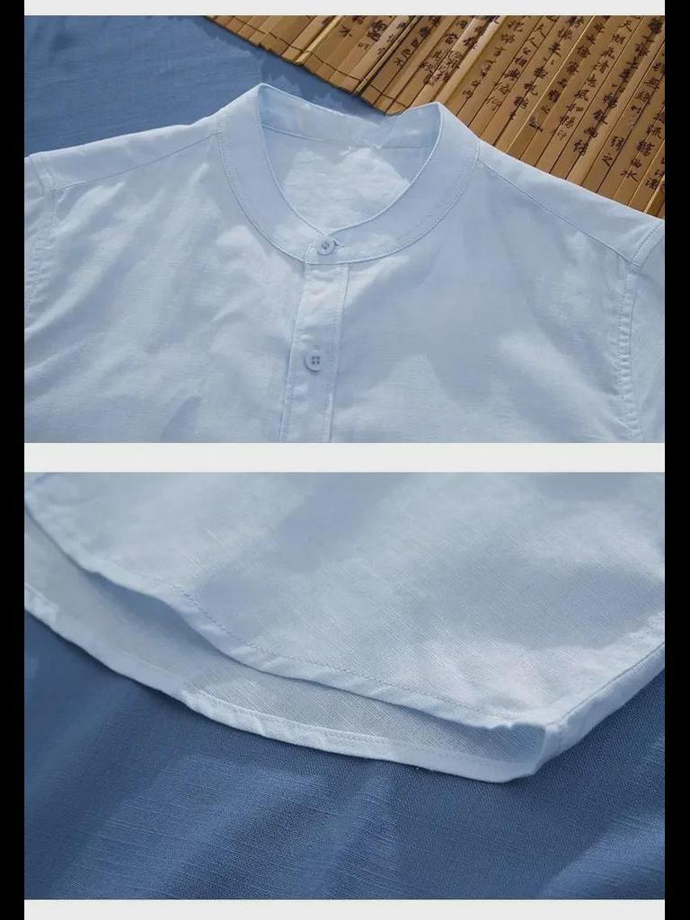 Мужская льняная рубашка с воротником-стойкой в китайском стиле — короткий рукав, свободный крой, летний повседневный тренд