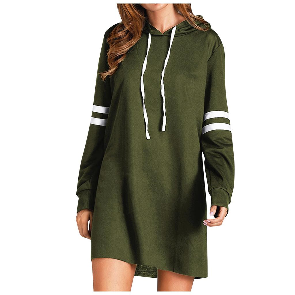 Women's Contrasting Color Long Sleeve Hooded Pocket Pullover Hooded Dress