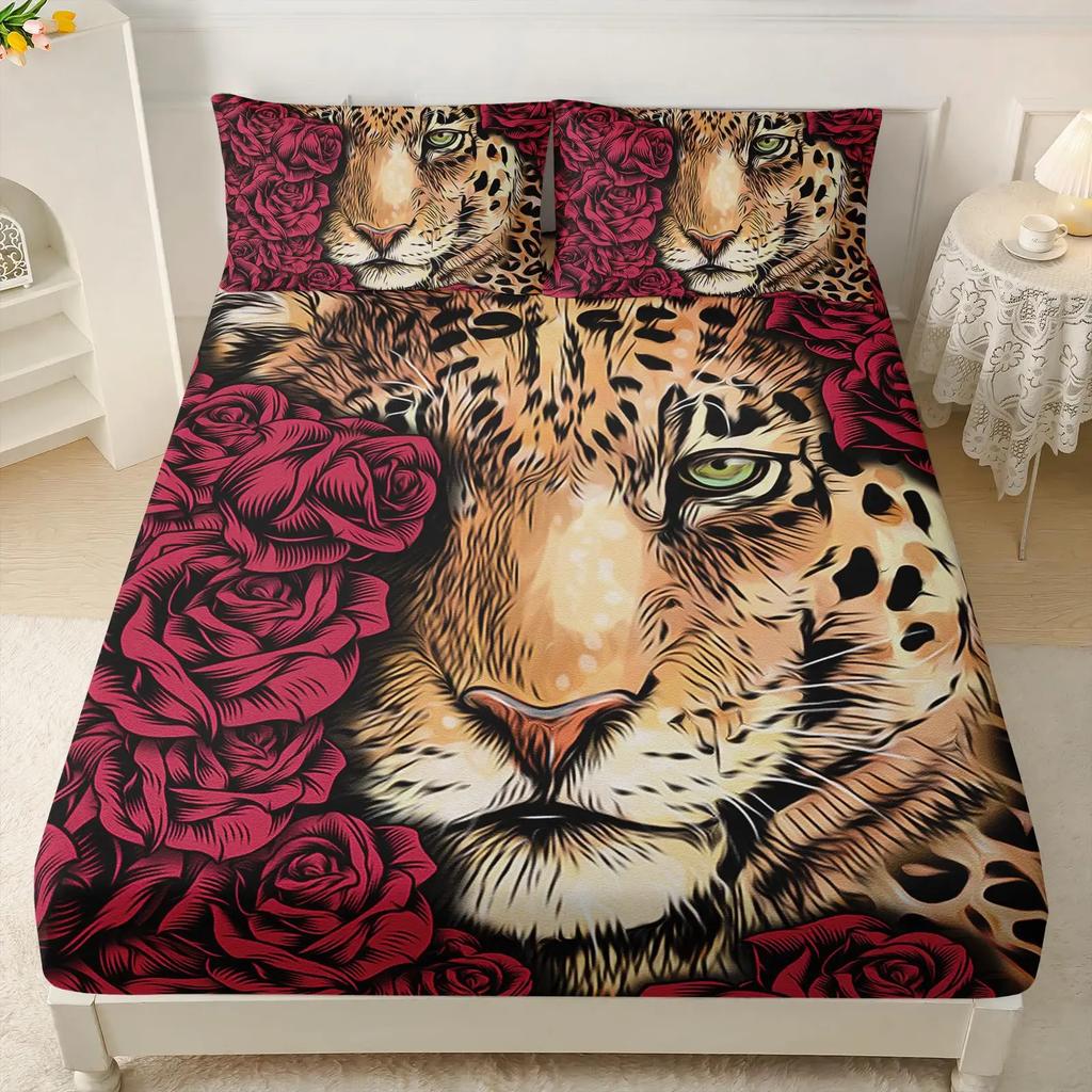 Wild Animal Tiger and Lion Fitted Sheets Super King Size, with 1 Pillowcases, Bed Sheets Bedroom Decor Gift, 30 Cm Deep Pocket