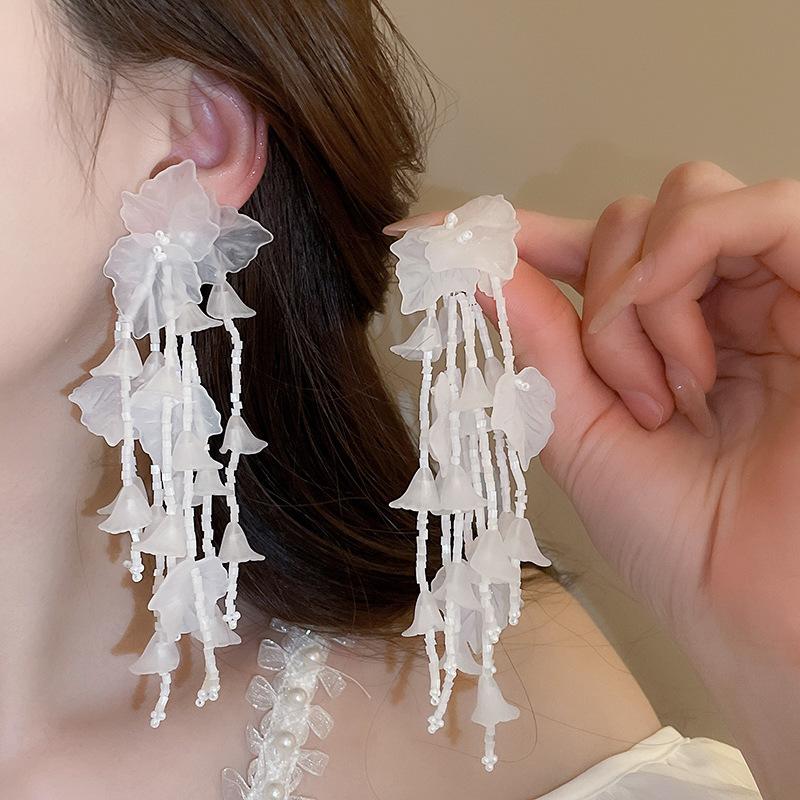 Blue Floral Leaves Acrylic Dangle Earrings for Women Rice Beaded Long Tassel Drop Earring Holiday Chic Flower Ear Jewelry K