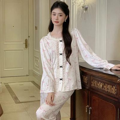 Французская пижама, женские брюки с длинными рукавами, милый круглый вырез, стиль принцессы, костюм из ледяного шелка, пижама с принтом, домашняя одежда, верхняя одежда