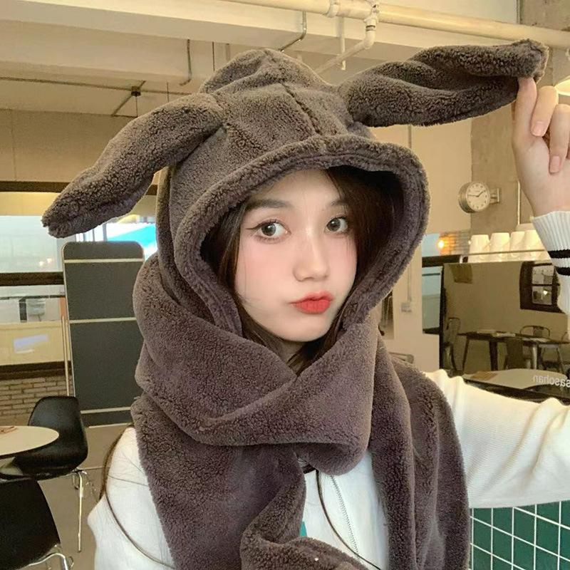 Autumn and Winter Hats for Women Cute Rabbit Ear Scarf Integrated Warm Plush Gloves Three Piece Set Korean Style Versatile Scarf