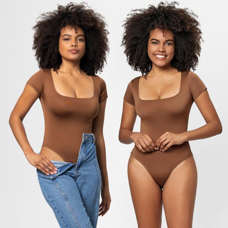 Женский модный боди с квадратным воротником, однотонный, сексуальный, облегающий, большого размера, с короткими рукавами, комбинезон для женщин