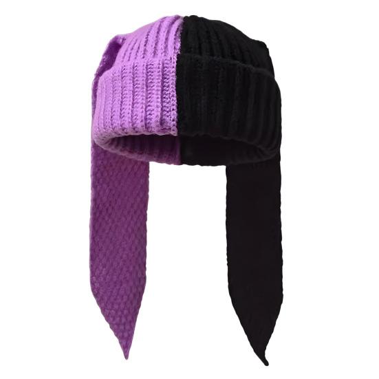 Зимняя вязаная шапка с длинными заячьими ушками, контрастного цвета, унисекс, плотная, теплая, высокоэластичная, ветрозащитная