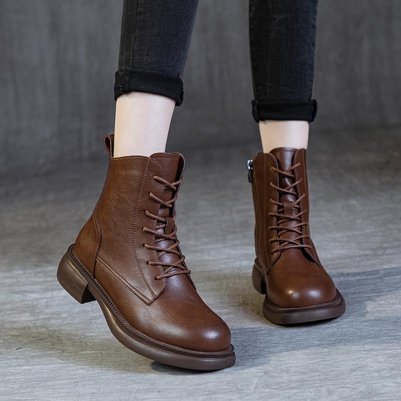 Женская ретро-британская обувь 2024 года, осень и зима, кожаные круглые, тонкие, мягкие, женские туфли, короткие ботинки