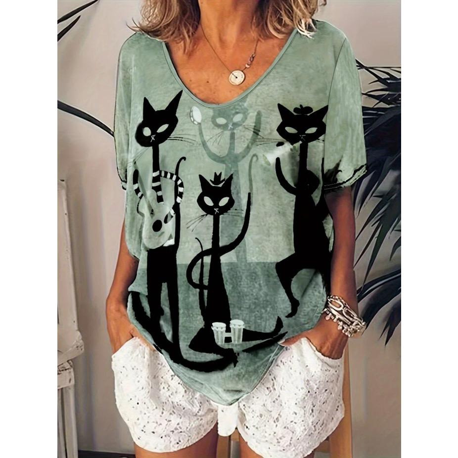 Футболка с коротким рукавом с принтом кошки, Повседневный топ для весны и лета, Женская одежда