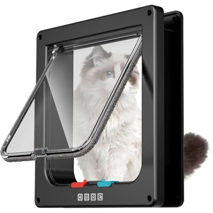 Chatière porte pour chat 4 modes de verrouillage, plastique ABS noir, 28,5 x 24,5 x 5,5 cm