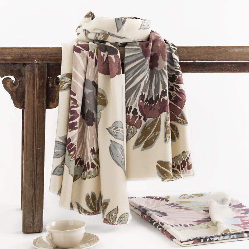 A New Winter Faux Cashmere Scarf for Women with Printed Patterns A Warm and Cold proof Scarf  and A Literary and Retro Style Shawl