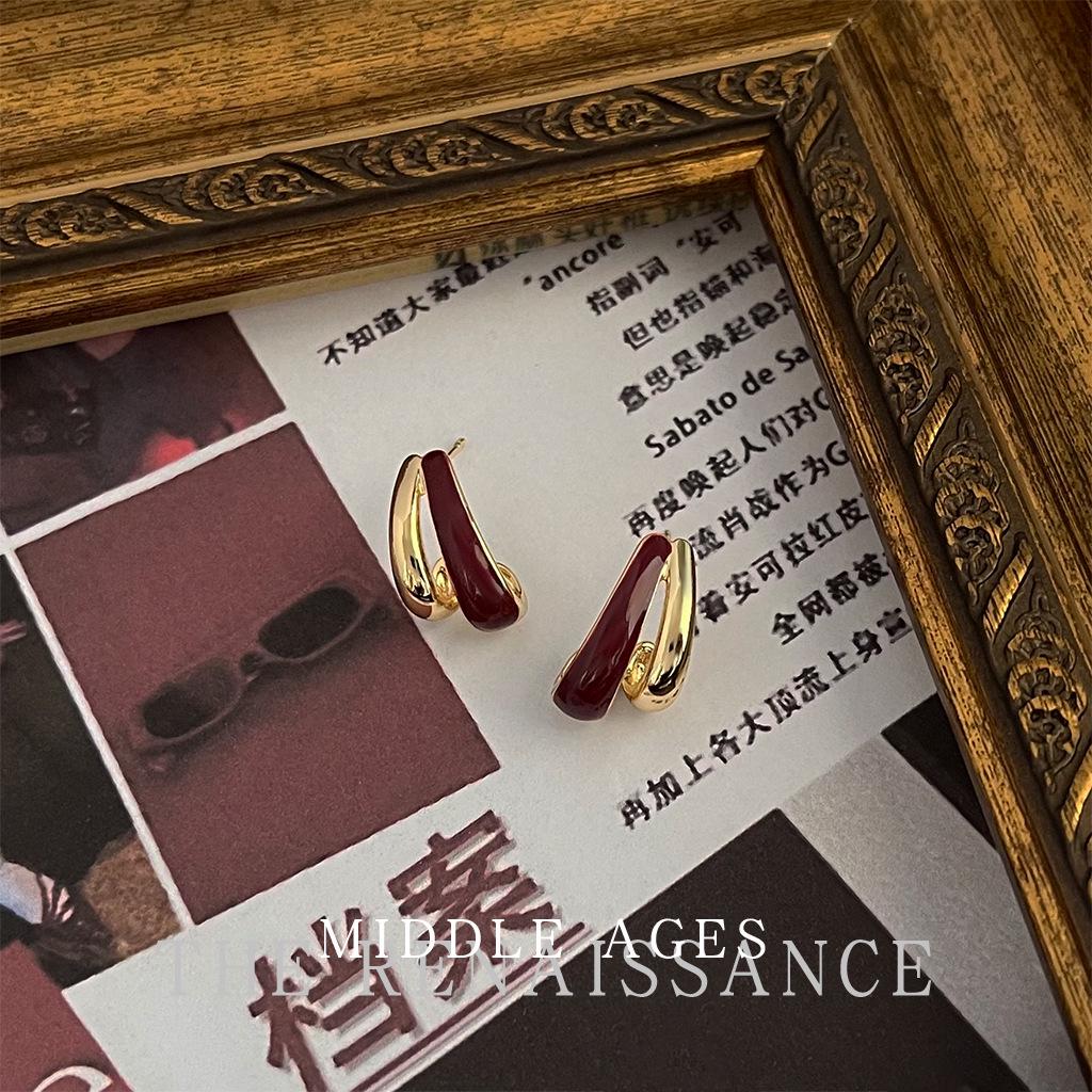 Vintage Burgundy Red Enamel Drop Earrings - Retro French Style Studs