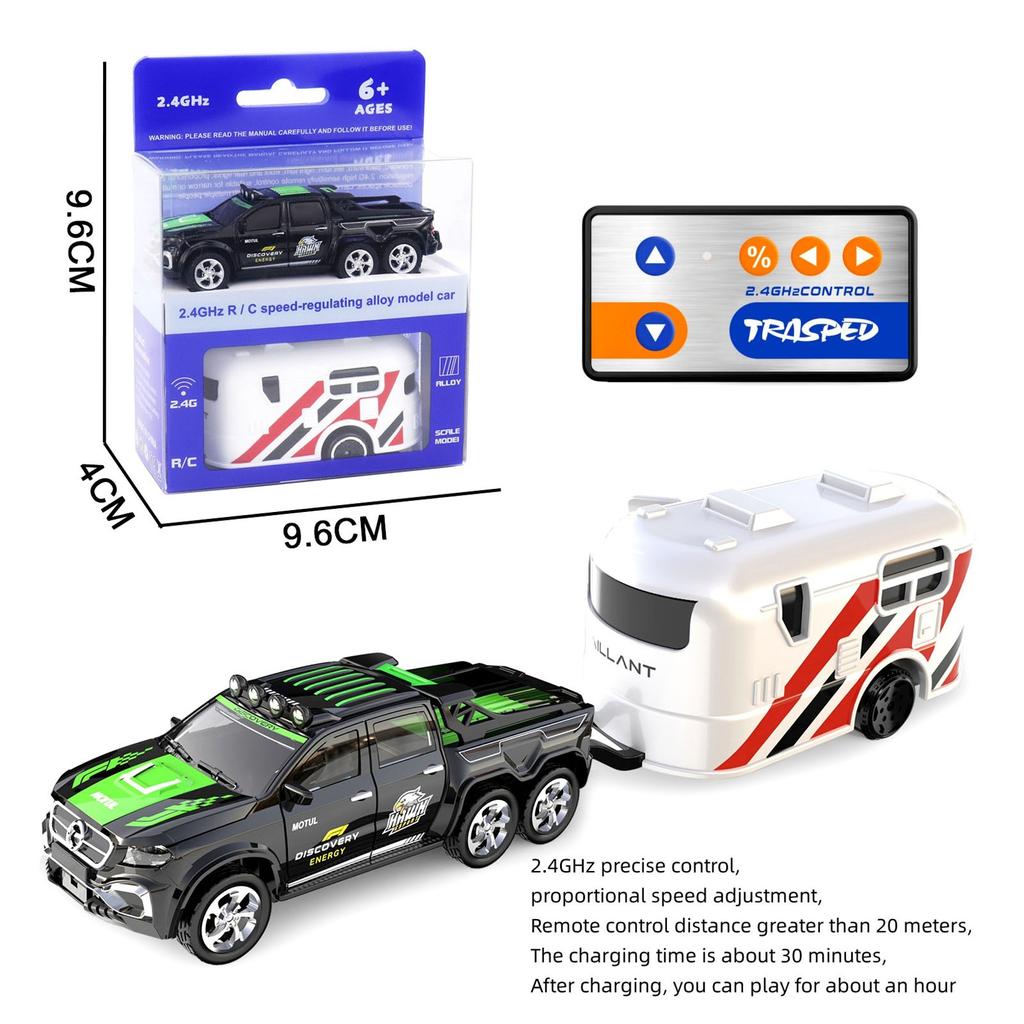 Remote Control Small Car, 1:64 Scale Off-Road RC Car, USB Rechargeable 2.4GHZ Three Speed Indoor Alloy Vehicle (8801B With Trailer)
