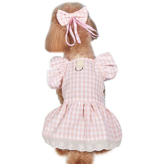 Летняя одежда для собак Головной убор с бантиком Пуловер с рюшами на рукавах и кружевным подолом Элегантный наряд Мягкое клетчатое платье Одежда для домашних животных и кошек Двуногий костюм для щенка