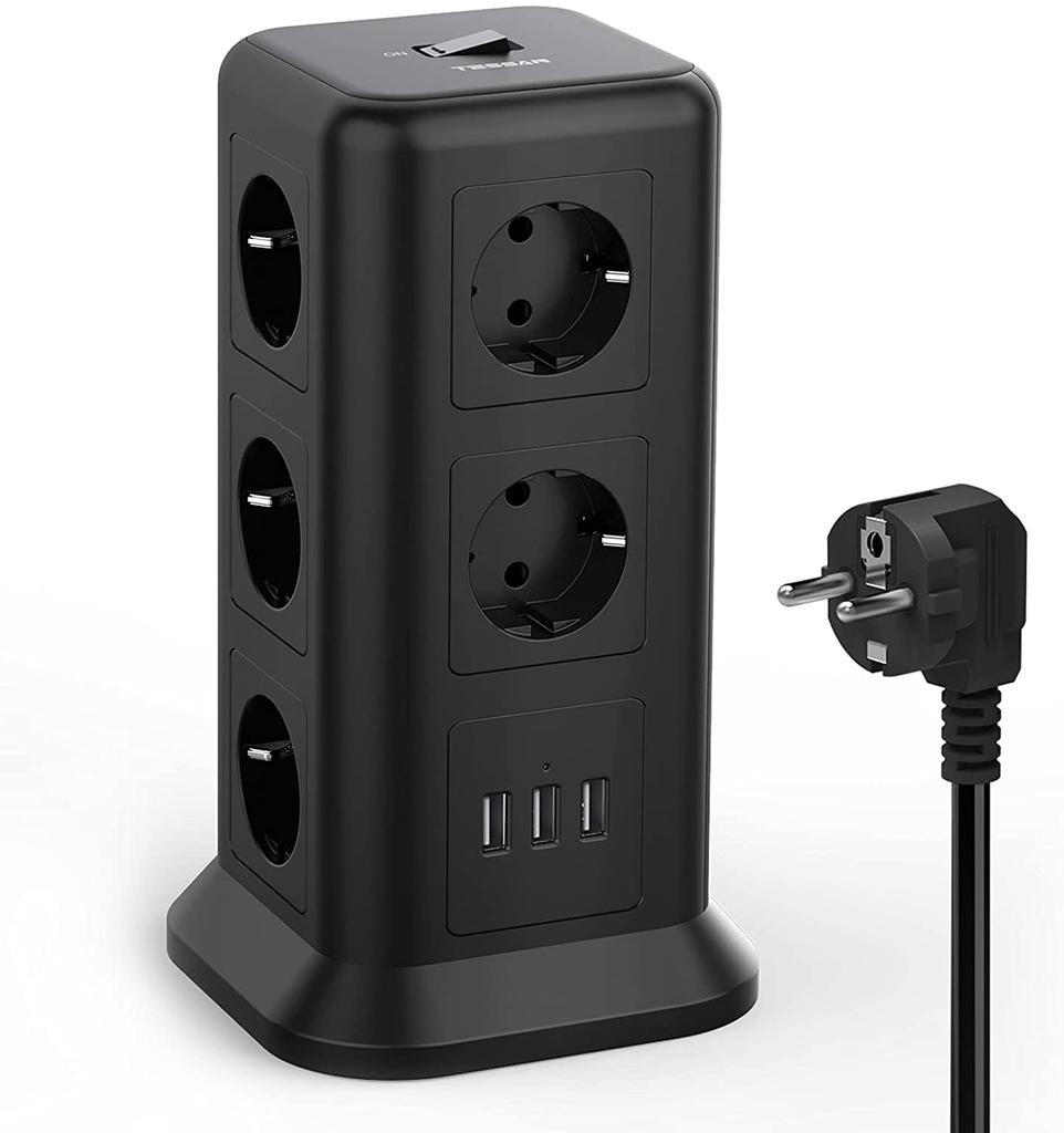 Tessan Удлинитель с несколькими розетками, 11-контактная башня с розетками (2500 Вт/10 А) с 3 USB-портами (5 В/3,1 А) и кабель 2,0 м для дома и офиса