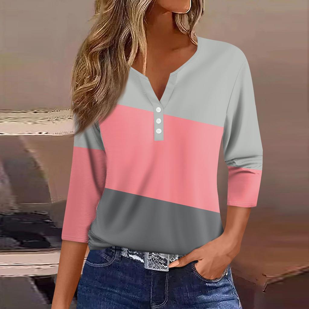 Жен. Футболка Футболка С принтом Пуговицы Рукав 3/4 Повседневные Выходные Мода Классический V-образный вырез Обычный Топ