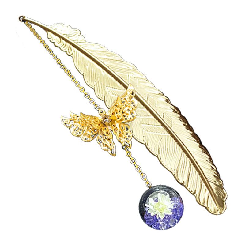 1pc Chinese Style Metal Feather Bookmark Creative Immortal Dried Flower Butterfly Leaf Student Bookmark Teacher's Day Gift