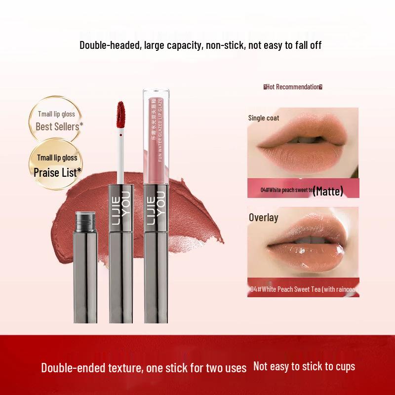 Двусторонний блеск и глосс для губ: Зеркальный финиш, эффект водного сияния, не выцветающий нюдовый оттенок.