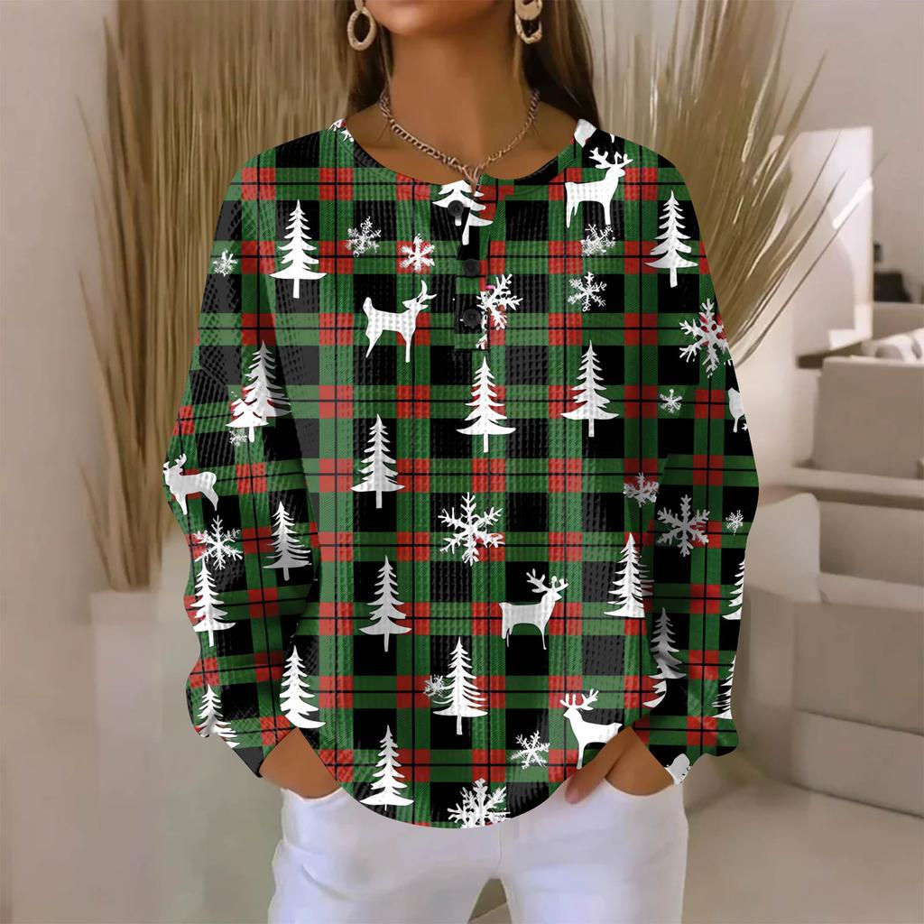Women's Fashionable Casual Christmas Print V-Neck Long-Sleeved Button-Down Blouse