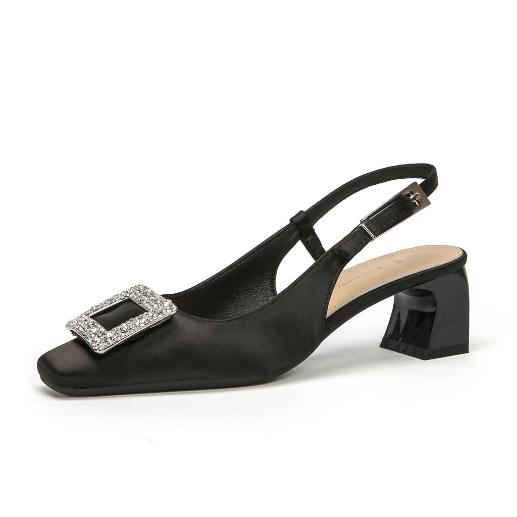 Spring and summer square head high heel empty shoes thick heel French shoes summer fashion versatile sandals women's satin rhinestone shoes