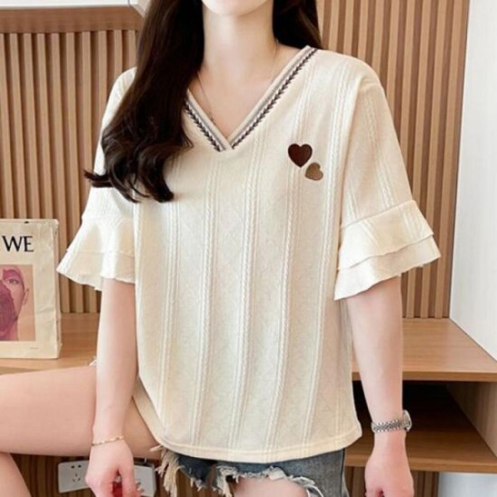 NaVaVa V Neck Cable KniT ShorT sleeVe T shirT hearT Embroidery nT2616