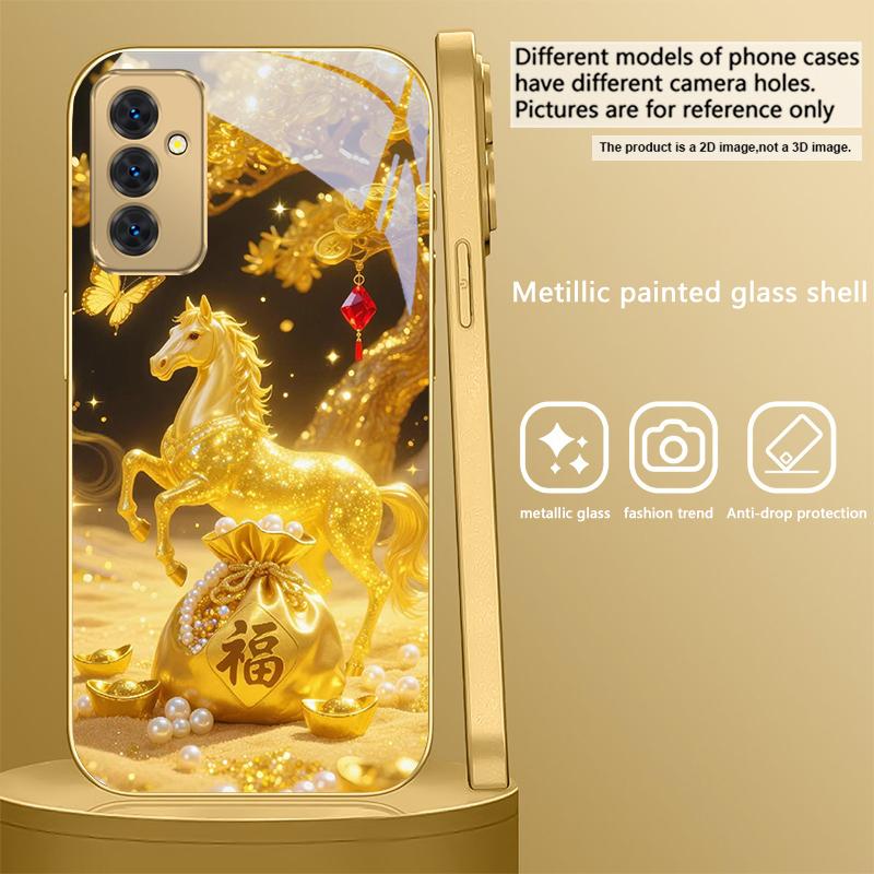 Золотая счастливая лошадь Для Samsung Galaxy S 21 S22 S23 Plus S24 Ultra S20 FE 25Ultra S21+ S9+ 22Plus Золотой стеклянный чехол для телефона