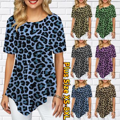 Женская пикантная заостренная юбка с леопардовым принтом и круглым вырезом для зрелых темпераментов, женская повседневная юбка с короткими рукавами, летний топ S-8XL
