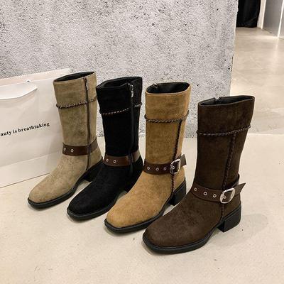 Женские ретро ботинки до середины икры на массивном каблуке 2025 года с утончающей толстой подошвой и квадратным носком