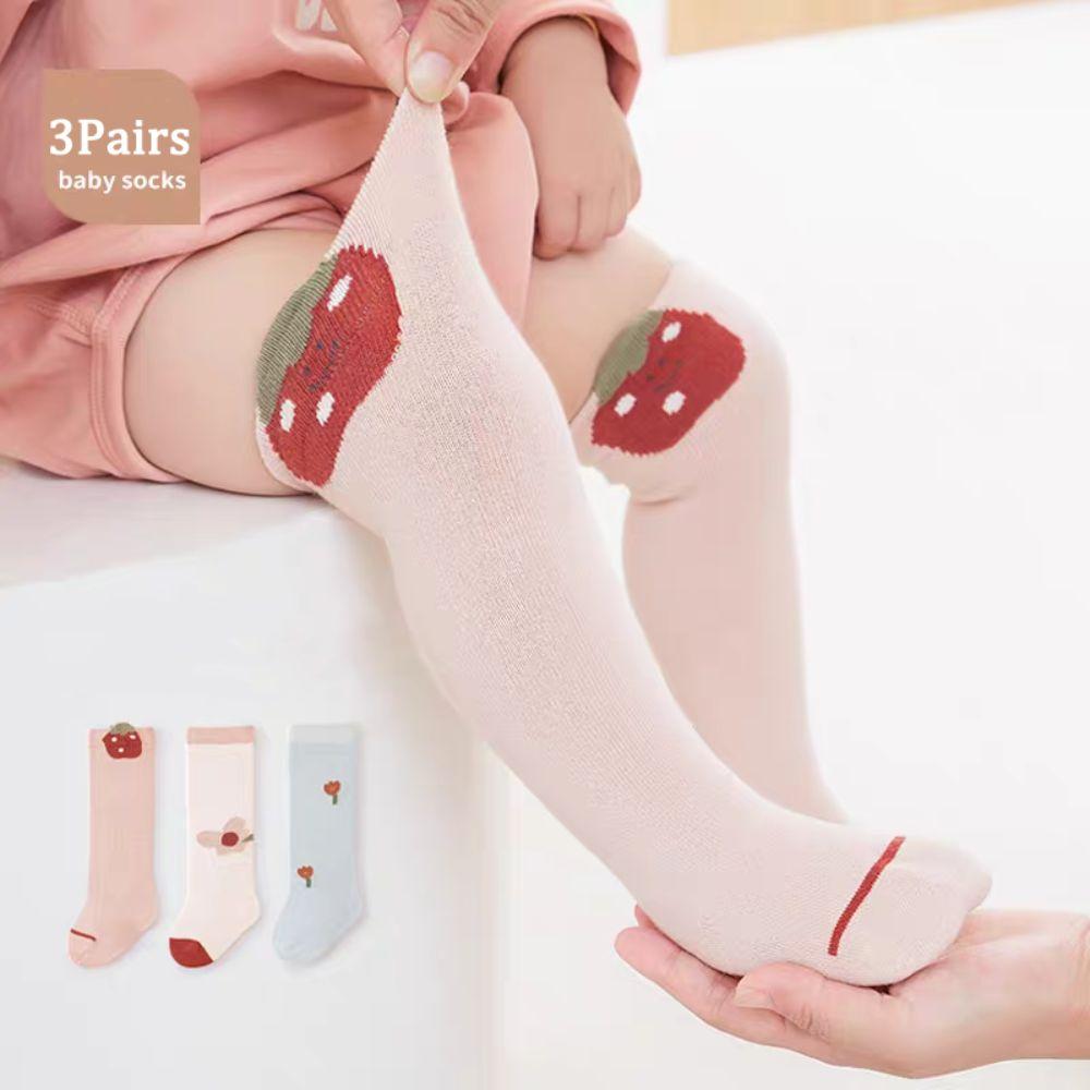 3Pairs Flower Toddle Cotton Stockings Strawberry Cartoon Above Knee Socks Calf Socks Baby  Newborn