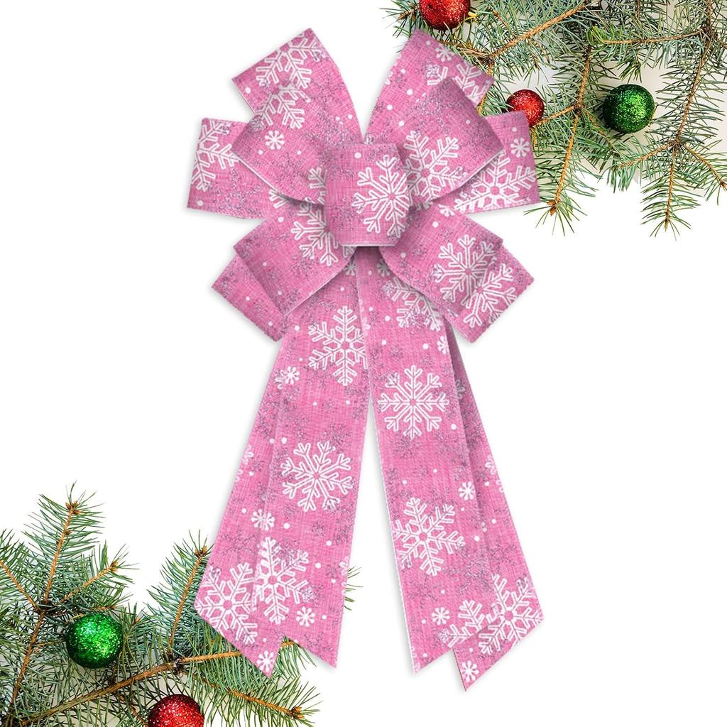 Large Pink Snowflake Christmas Wreath Bow for Front Door Wall Fence Decor Tree Topper Bow for Christmas Party Decoration Supplie