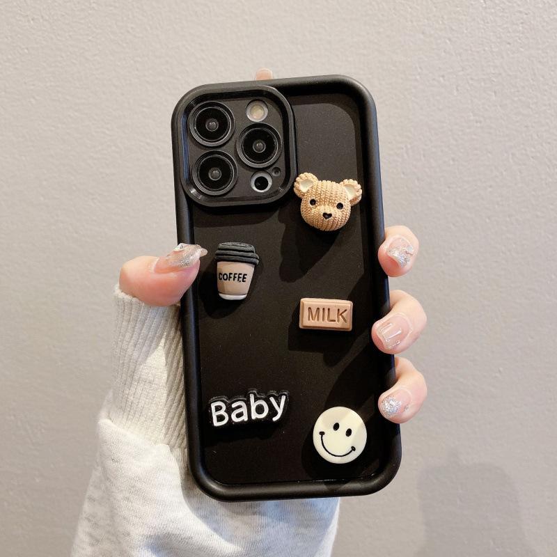 Мягкий чехол для iPhone 16 Pro "Кофейный медведь" с наждачной поверхностью - Совместим с Apple 13/15 Высокий бамбук Мелкое отверстие Стерео Защитный чехол