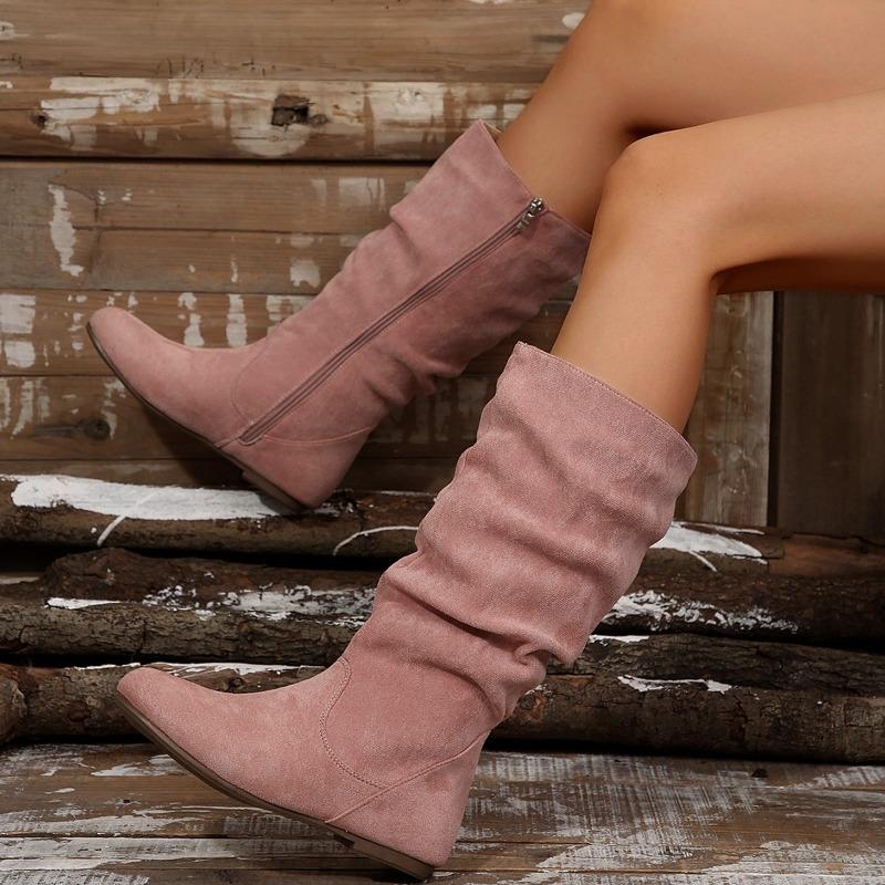 Plum-sized Shoes, Mid-calf Boots, Women's Side Zipper Pleated Boots, Flat Boots