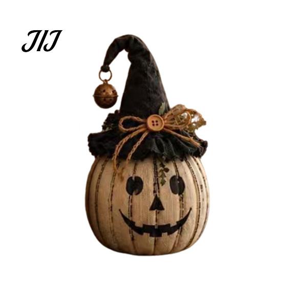 Halloween Living Room Soft Furnishings Pumpkin Decoration with Wizard Hat, Vintage Resin Witch Figurine Small Medium Large Sets Bow, Rustic