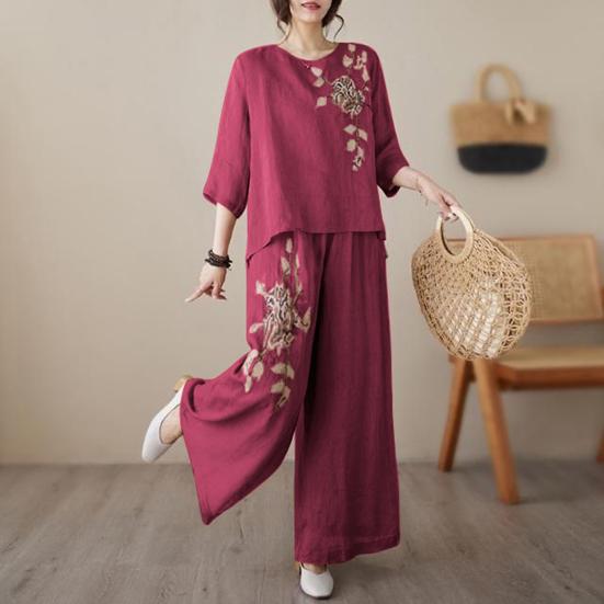 Женские костюмы-двойки с рукавом 3/4, винтажные вышитые рубашки, комплект брюк с широкими штанинами, летний повседневный комплект из хлопка и льна