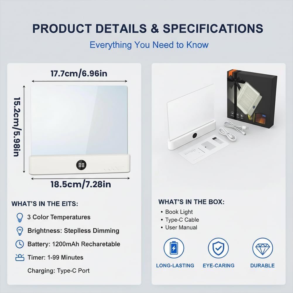 Rechargeable Flat Led Reading Book Light for Reading at Night Treasure Box Dimmable Panel Plate Lamp 3 Colors Timer Full Page Light Eye-Friendly Glow