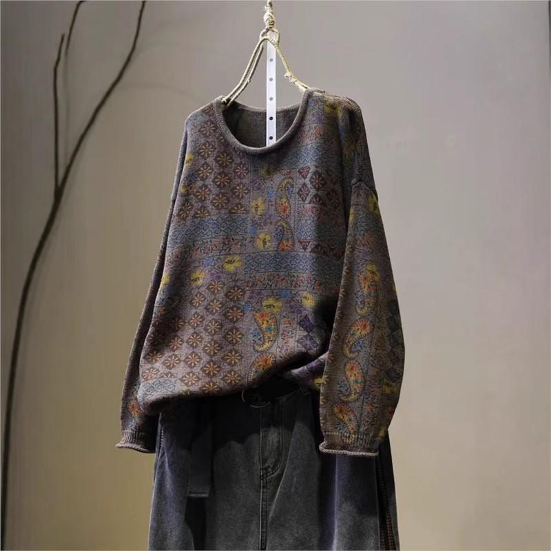 Johnature Vintage Print Loose Casual O-Neck Sweater Woman Winter Niche Long Sleeves Retro Personality Sweaters