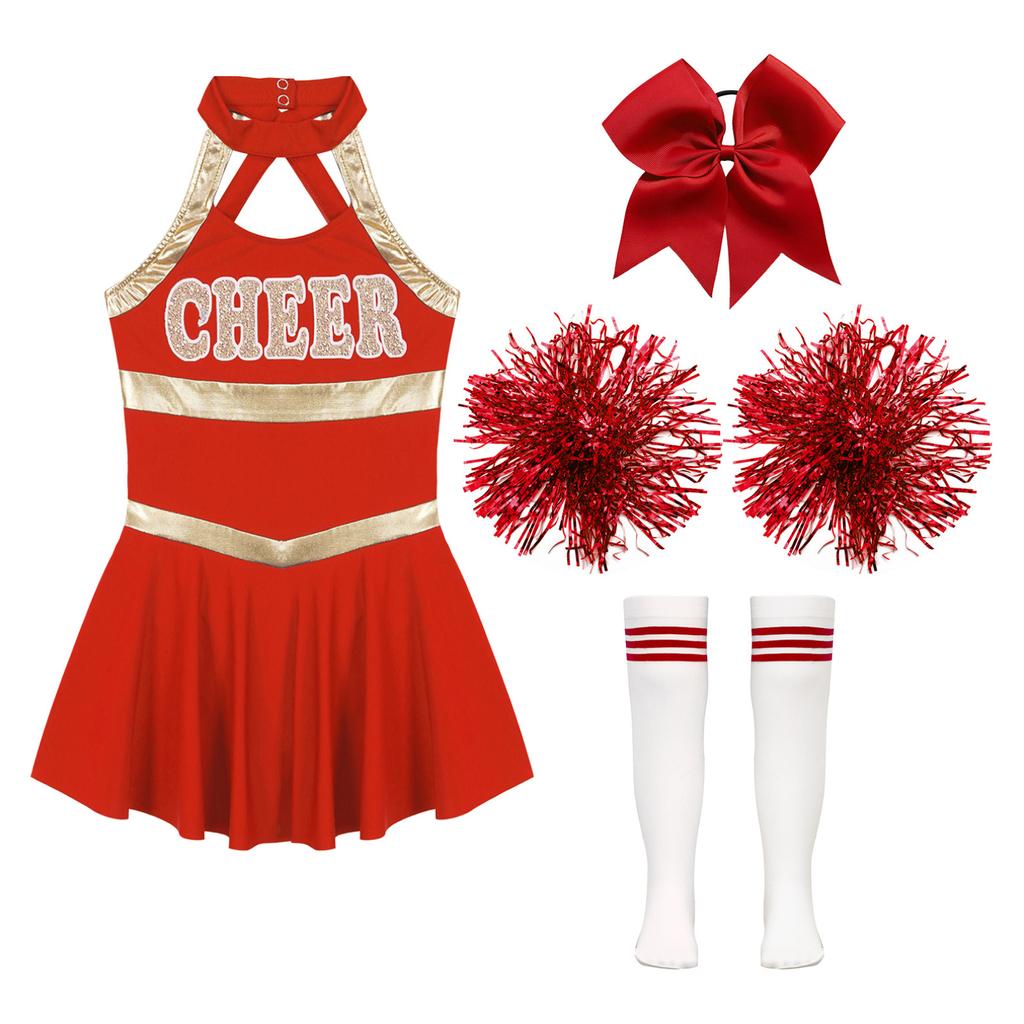 Kids Girls Shiny Cheerleading Costume Schoolgirls Dance Dress Uniform Complete Outfit with Pom Poms for Halloween Party