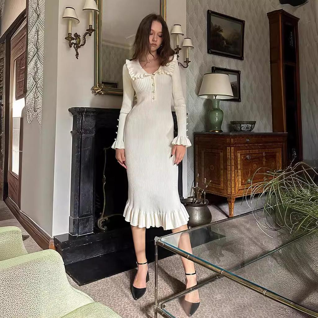 Women Fashion Knitted Retro Elegant Ruffled Dress Slim Ruffle Edge Long Dress Gown Slim Knitwear Women Robes